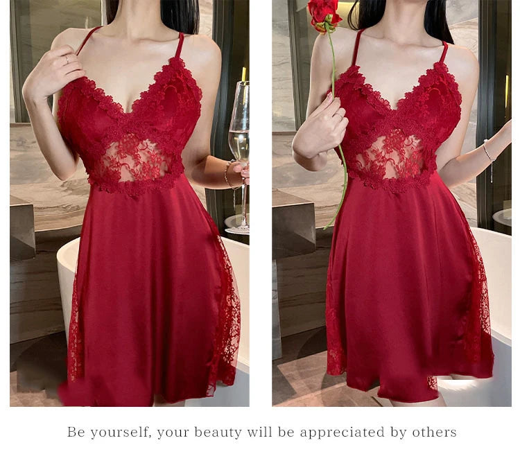 Sexy Camisole Nightgown Satin Deep V Backless Luxury Sleepwear