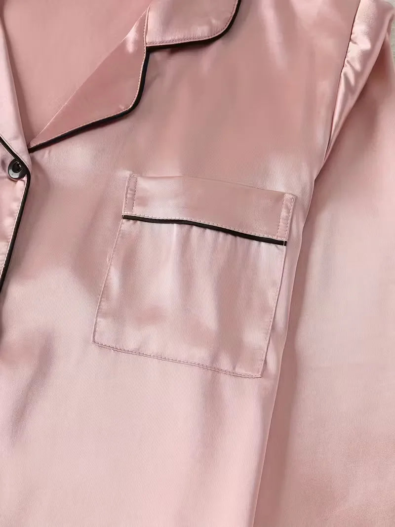 Silk Pajamas Set Casual Soft Breathable and Relaxed Fit Long Shirt Tops and Long Pants Sleepwear