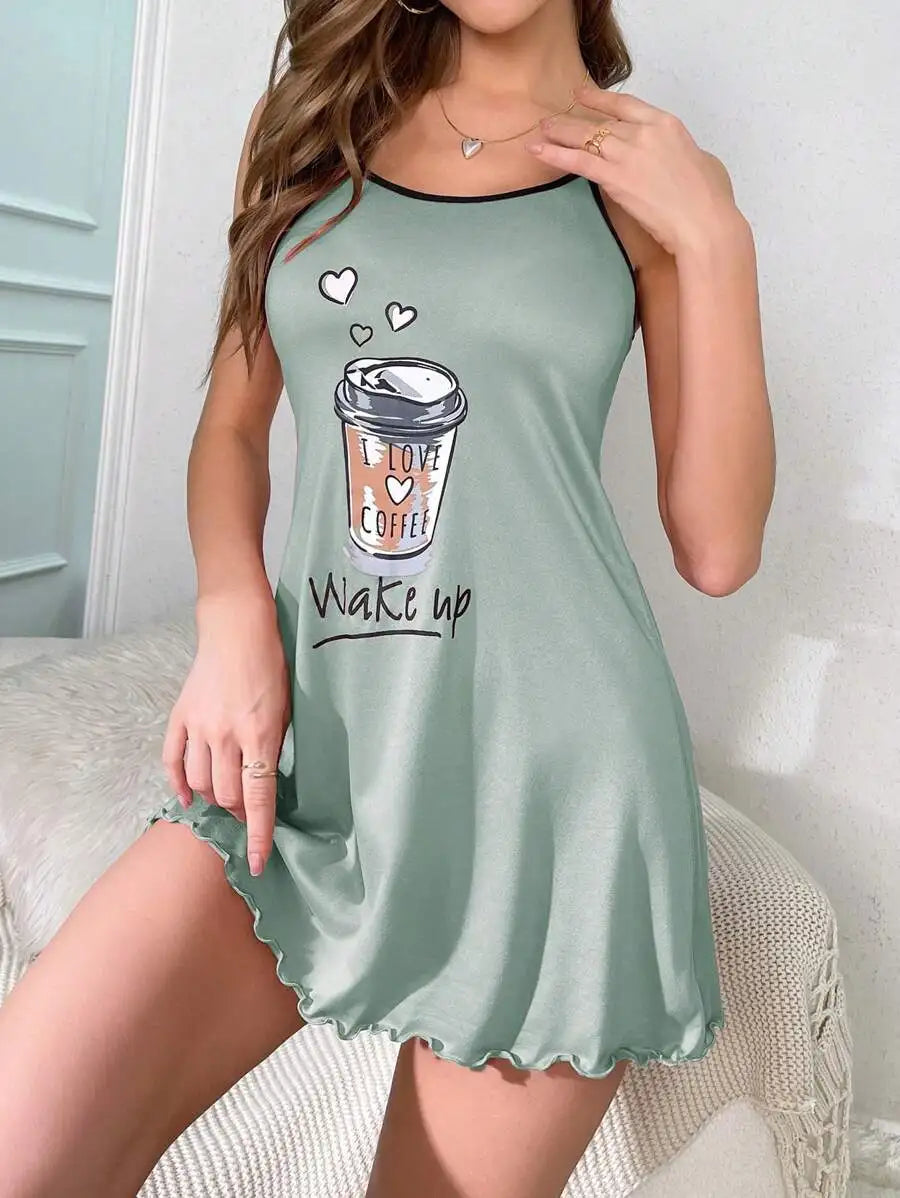 Lettuce Trim Coffee Letter Print Spaghetti Strap Mini Nightgown