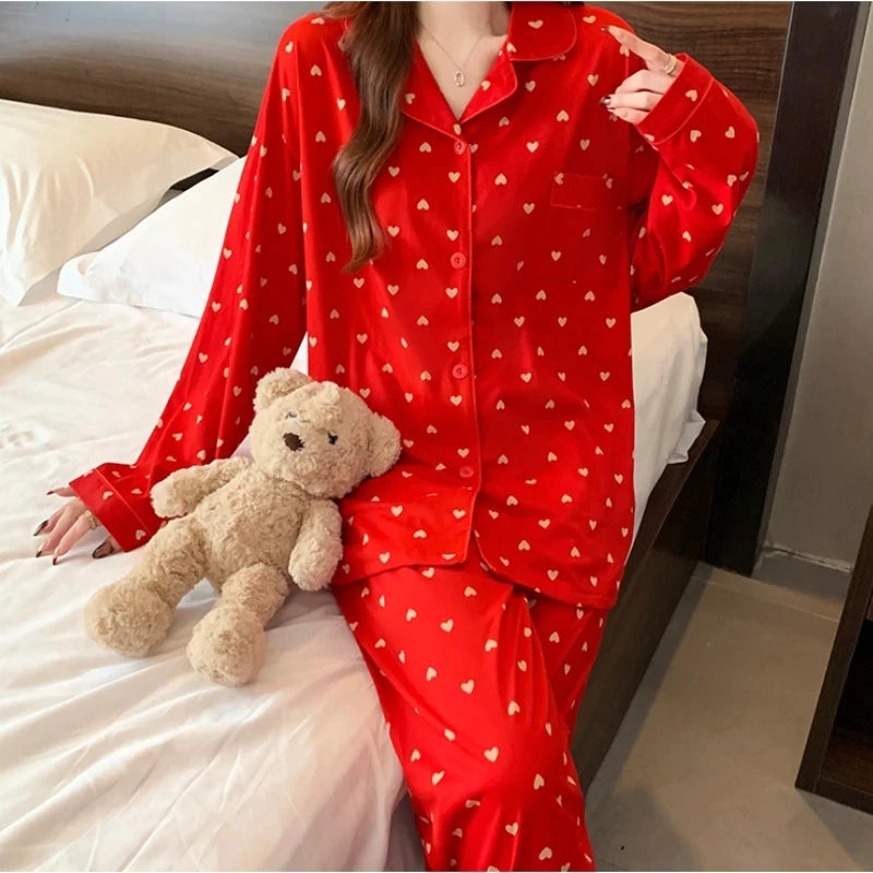 Cozy Heart Print Long Sleeve Pajama Set