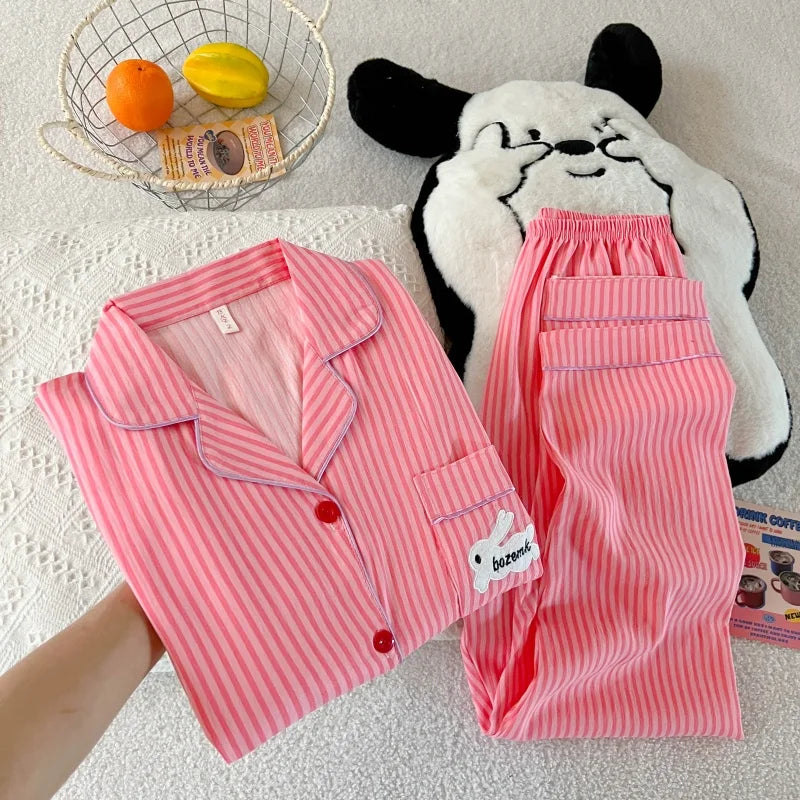 Embroidery Letter Striped Rabbit Print Long Sleepwear Two-piece Women's Pajamas
