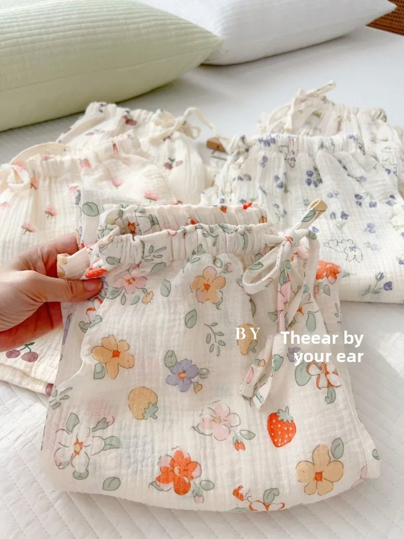 Thin Pure Cotton Bubble Cotton Gauze Sweet Loose High Waist Full Cotton Shorts