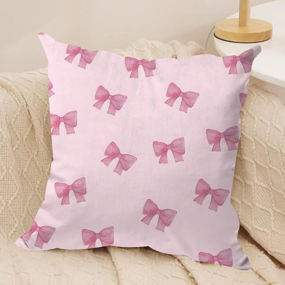 Pink Bow Cherry Cushion Cover Soft Plush Fabric Double-Sided