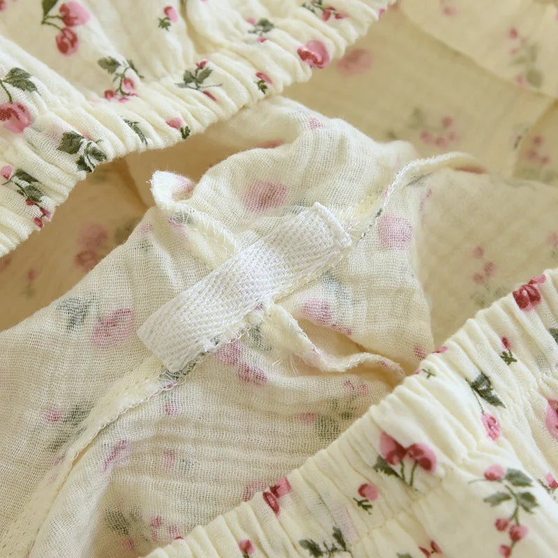 Ladies 100% Cotton Crepe Long sleeved Pants Two-piece Cute and Sweet Set