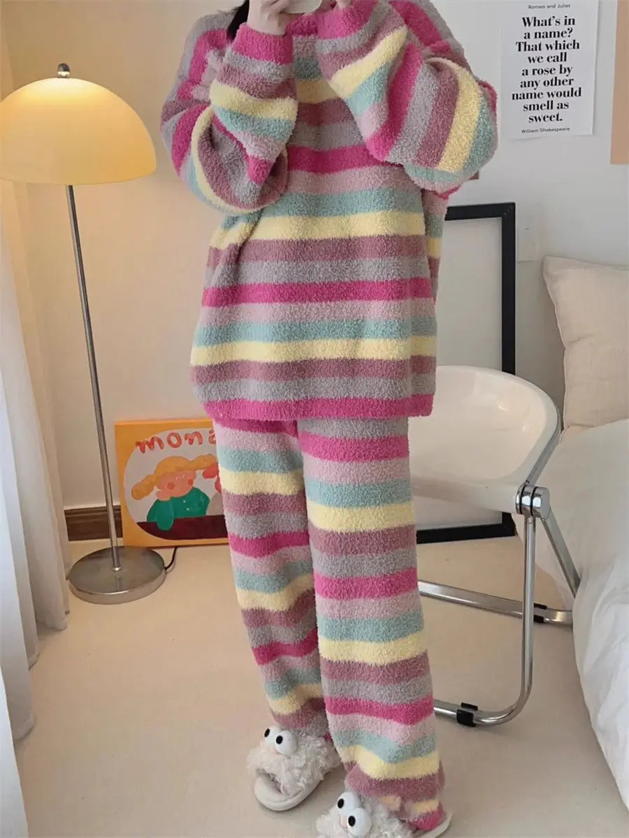 Cute Rainbow Pattern Simple Half-Fleece Warm Pajamas