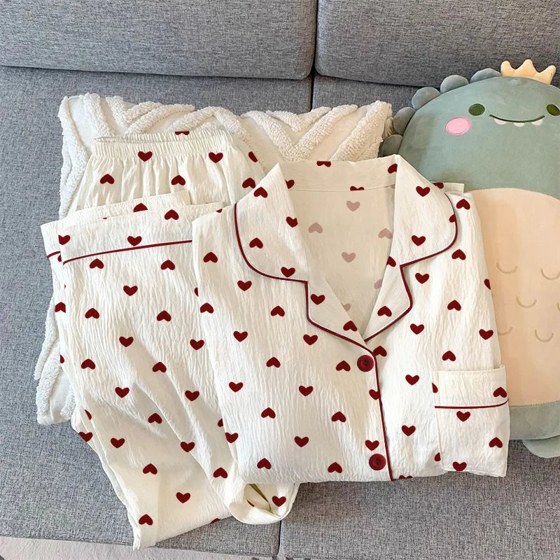 Women's Pajamas Loungewear Girl Love Cardigan Pajamas Crinkled Fabric Loungewear Long Sleeve Set