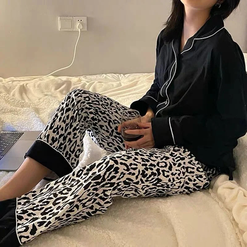 Ladies Black Leopard Cardigan Set