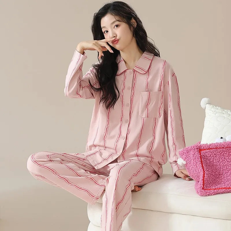 Women's Cardigan Long-sleeved Long Pants Cotton Comfortable Pajamas
