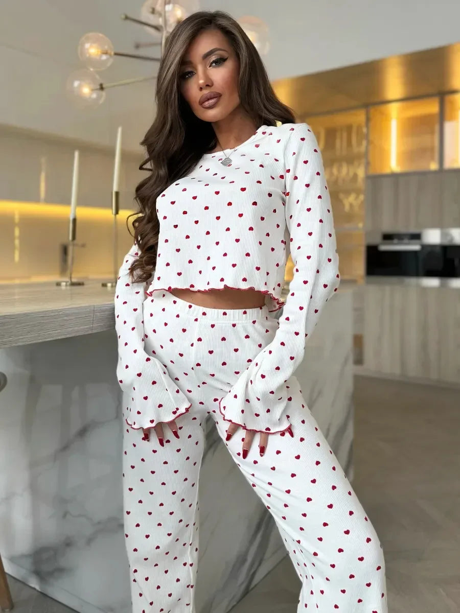 Y2K-Style Two-piece Cherry/Heart Print Cuffed-Long-Sleeve Tops and Long Trousers