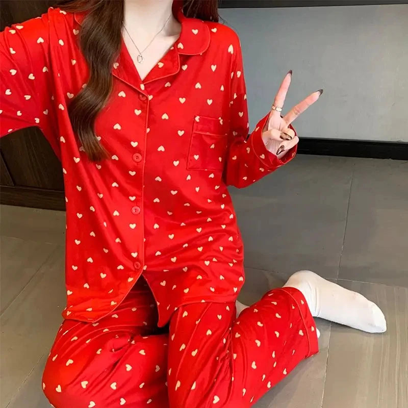 Cozy Heart Print Long Sleeve Pajama Set