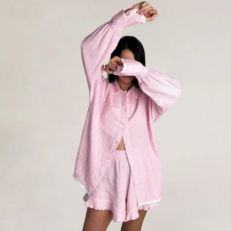 Pink Ruffle Long Sleeve Shirt Cotton And Shorts Sleepwear 2 Piece Set