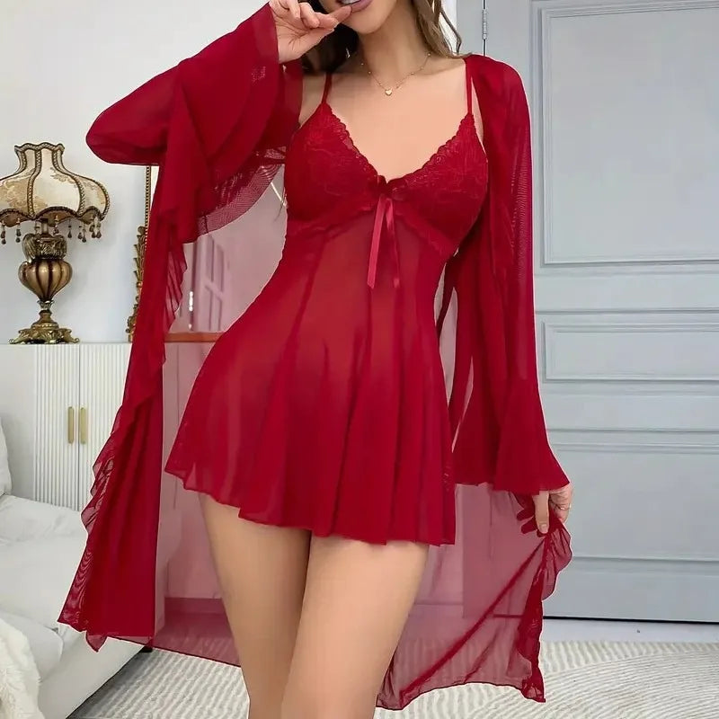Sexy Lingerie with Suspenders Sheer Transparent Nightgown and Lace Trim