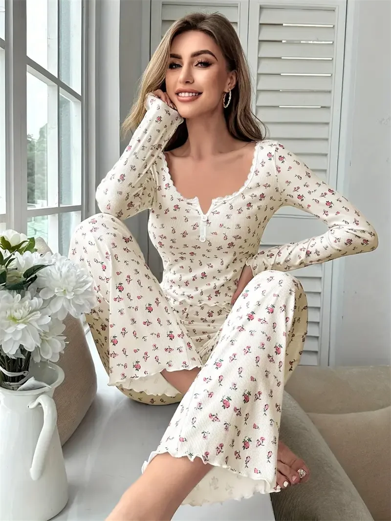 Ditsy Floral Apricot Soft Pajama Set Long Sleeve Top and Pants Loungewear