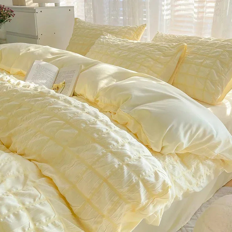 Puffy Check Bubble Fabric Set Duvet Pillowcase Bedding Sheet Quilt Cover Set
