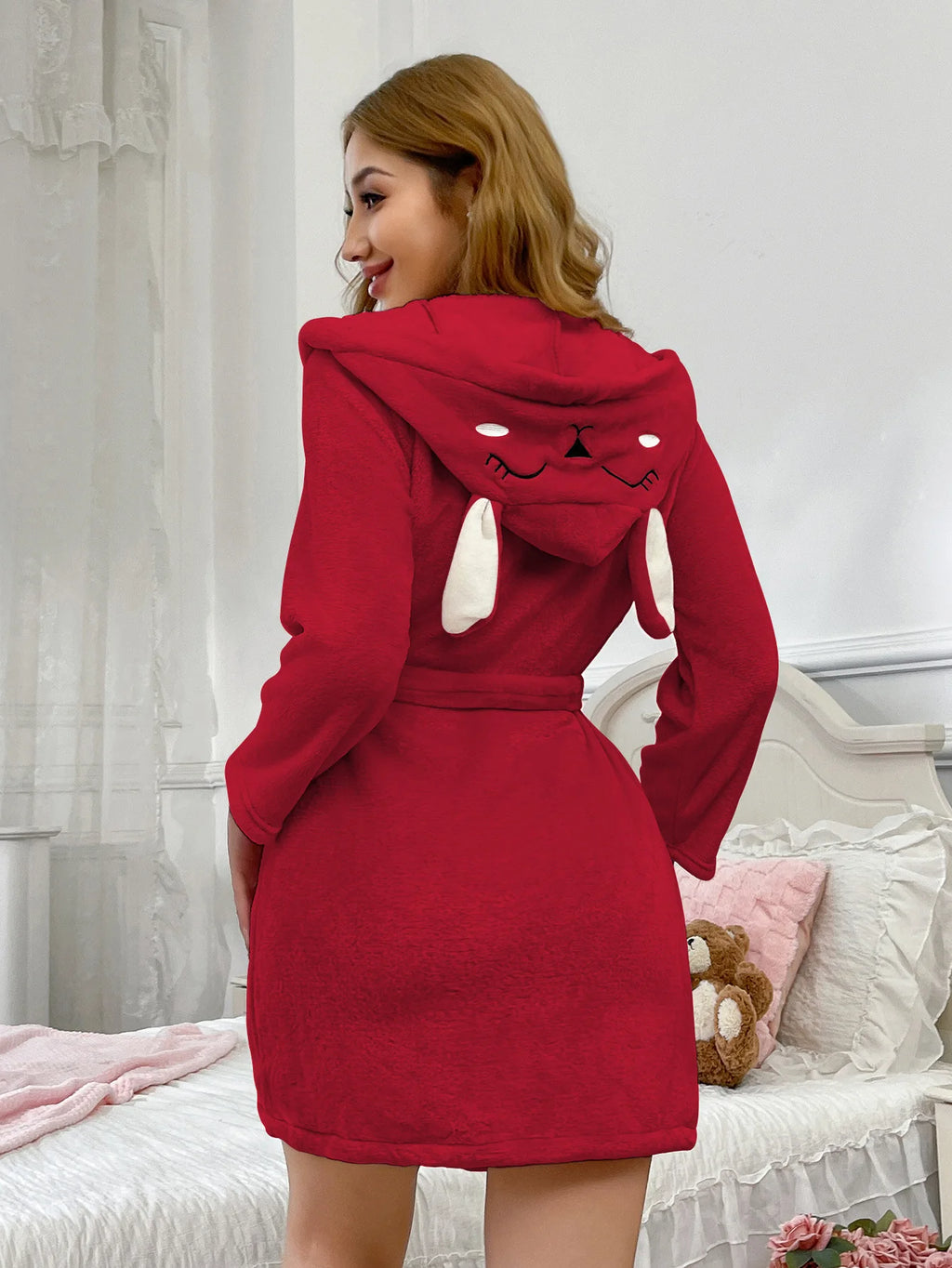 Fluffy Plush Sexy Hooded Solid Color Bathrobe
