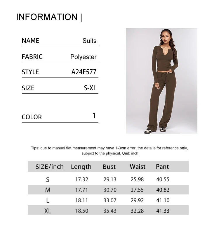 Women's Coffee Two-Piece Pajamas Set Long Sleeve Pullover Comfortable Shirt Drawstring Waist Cinching Pants Loungewear