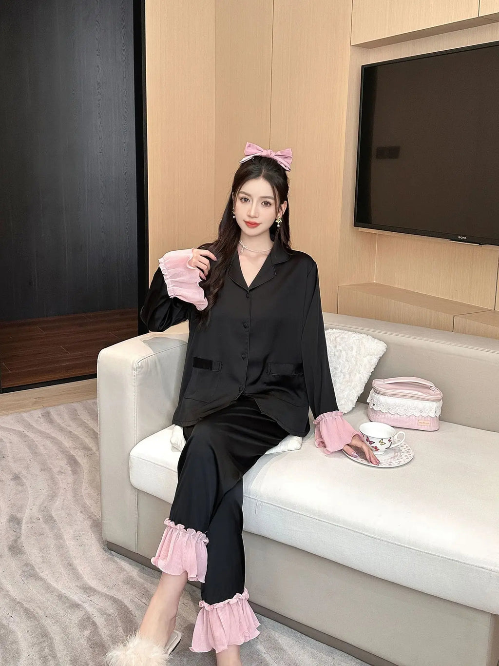 Women's Long-Sleeved Two-piece Silk Pajamas Set Solid Color Cool Nightgown
