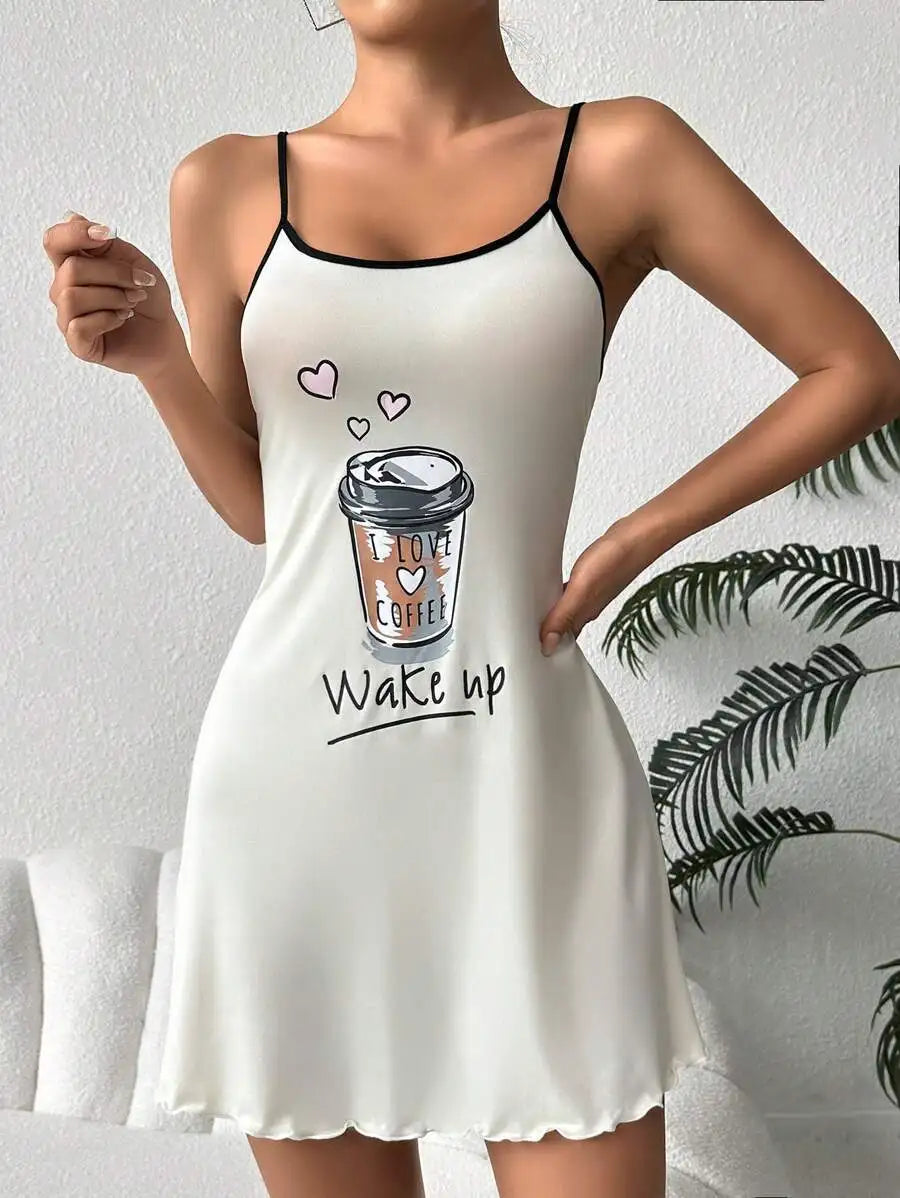 Lettuce Trim Coffee Letter Print Spaghetti Strap Mini Nightgown