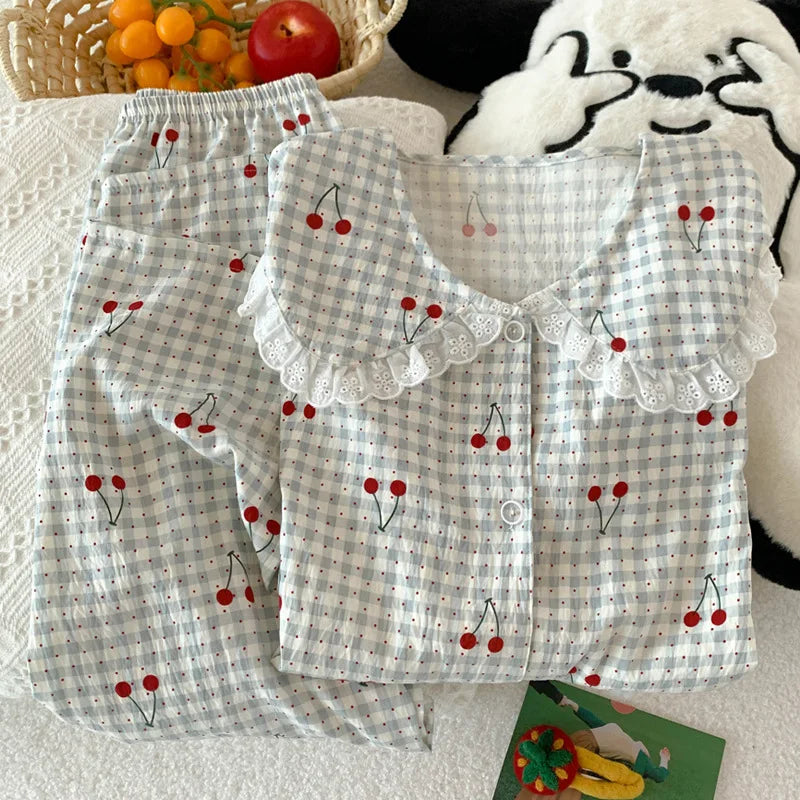Spring Cloud-Print Cotton-Trimmed Collar Checked Sets