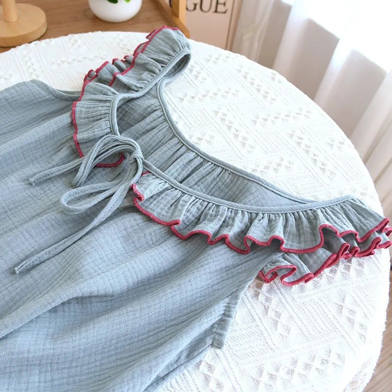 Ruffle Edge Sleeveless Camisole Women's Nightgown Double-layer Gauze Long Style Night Dress