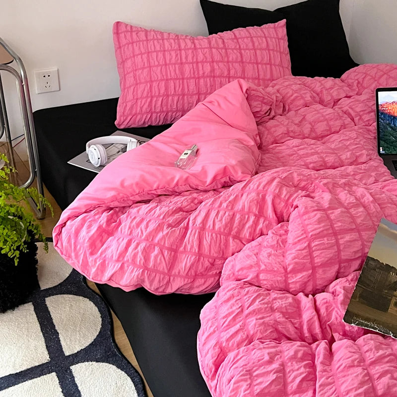 Puffy Check Bubble Fabric Set Duvet Pillowcase Bedding Sheet Quilt Cover Set