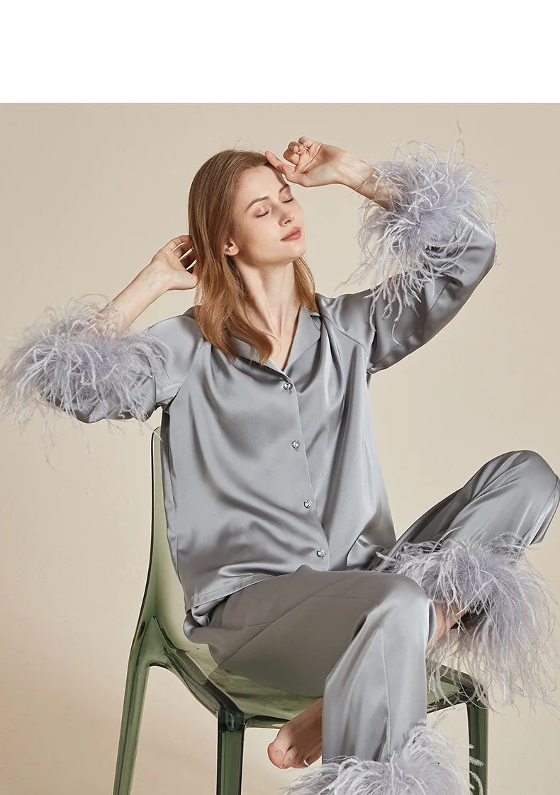 Luxury Feathers 2Pcs Silk Satin Long Sleeve Trouser Elegant Home Wear