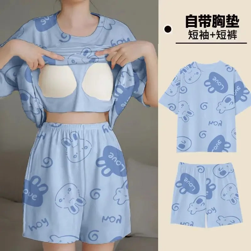 Pajama 2Pcs/Sets Short Tops and Shorts with Chest Pad