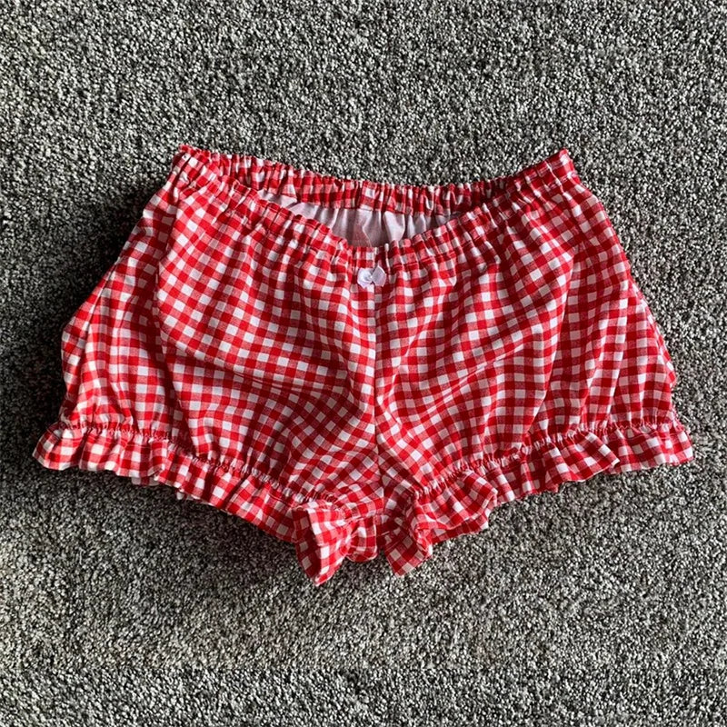 Y2K Plaid Pajama Shorts Elastic Band Ruffle Trim Cottage Pajamas Bottoms