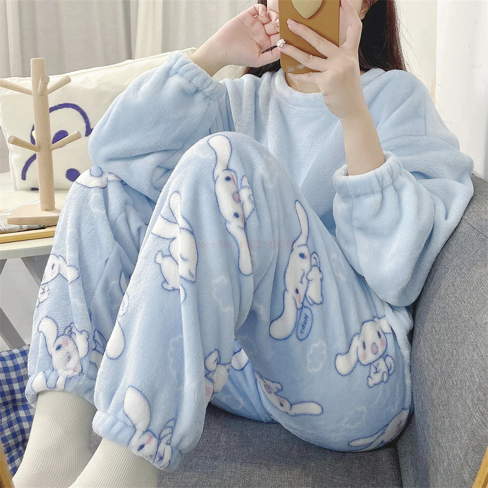 Kawaii Flannel Pullover Coral Velvet Pajamas