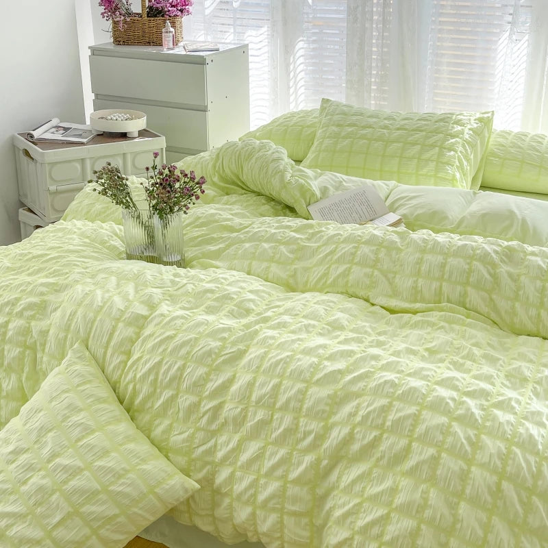 Puffy Check Bubble Fabric Set Duvet Pillowcase Bedding Sheet Quilt Cover Set
