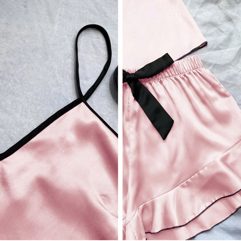 Smooth Satin Pajamas V-Neck T-Shirt Ruffled Edges And Bow Shorts Pajama Set