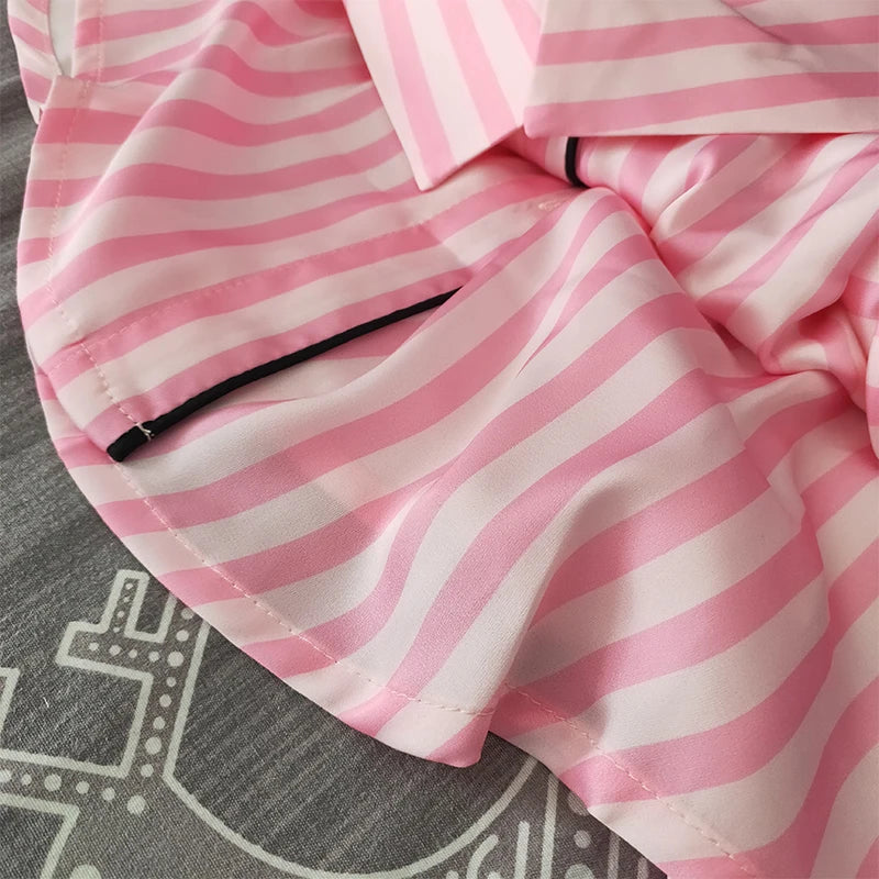Women's Satin Pink Striped Pajama Set Silk Luxury Button up Top with Bottom