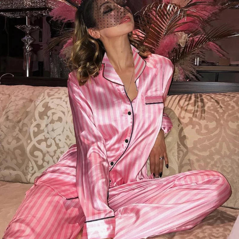 Women's Satin Pink Striped Pajama Set Silk Luxury Button up Top with Bottom