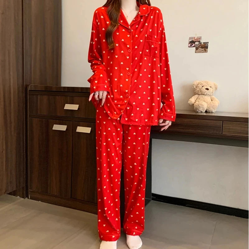 Cozy Heart Print Long Sleeve Pajama Set