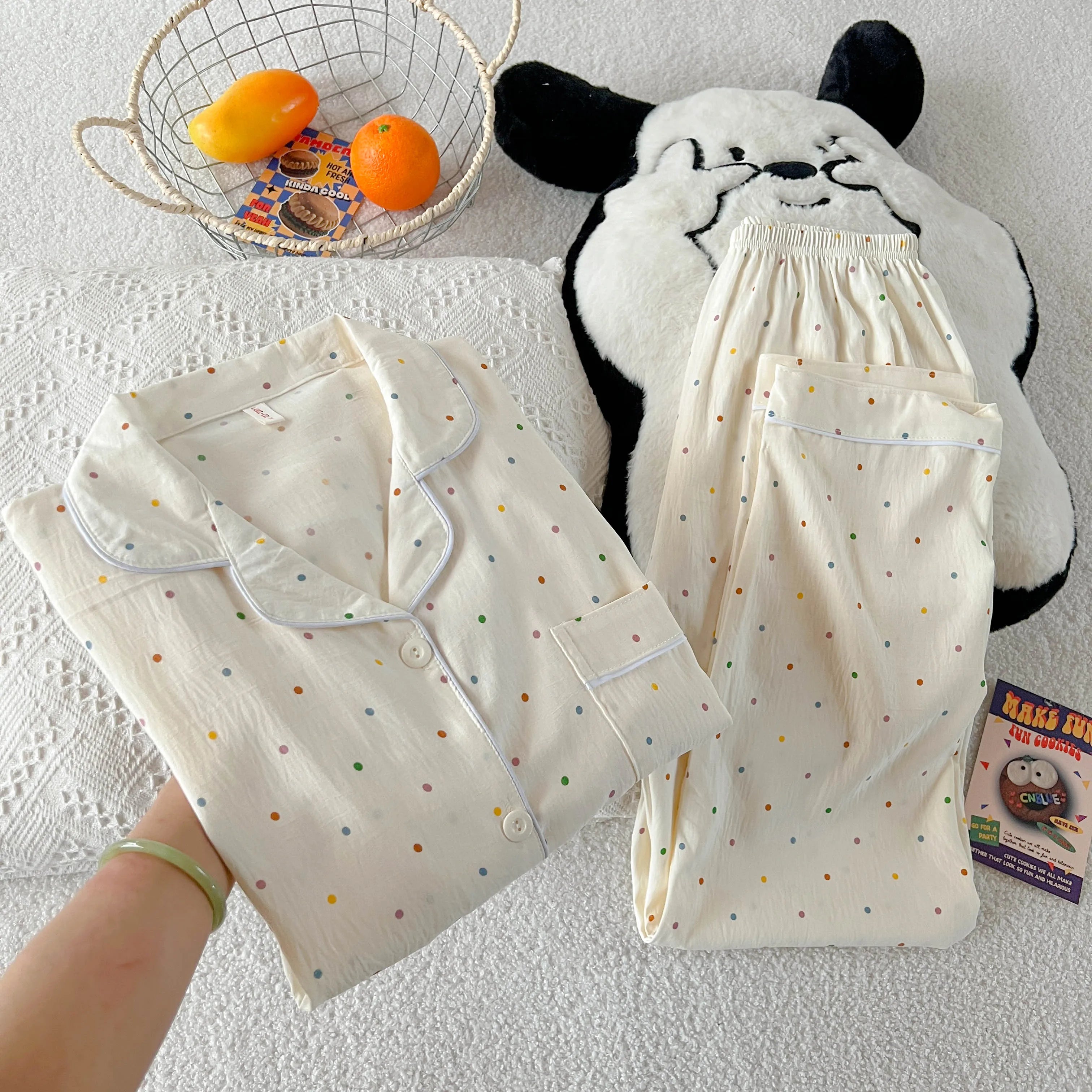 Polka Dot Print Women Pajamas Long 2 Piece Set