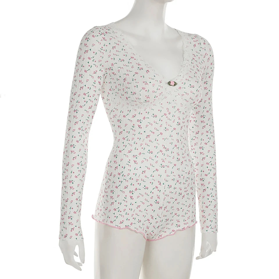 Floral Print V-neck Lace Trim Knitted Long Sleeve Cute Aesthetic Rompers
