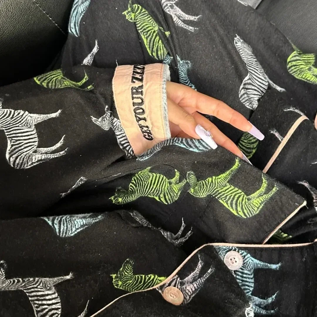 Women's Pajamas Set Cute Cartoon Print Sleepwear Top&pants Two-piece Soft Cotton Femme Nightwear