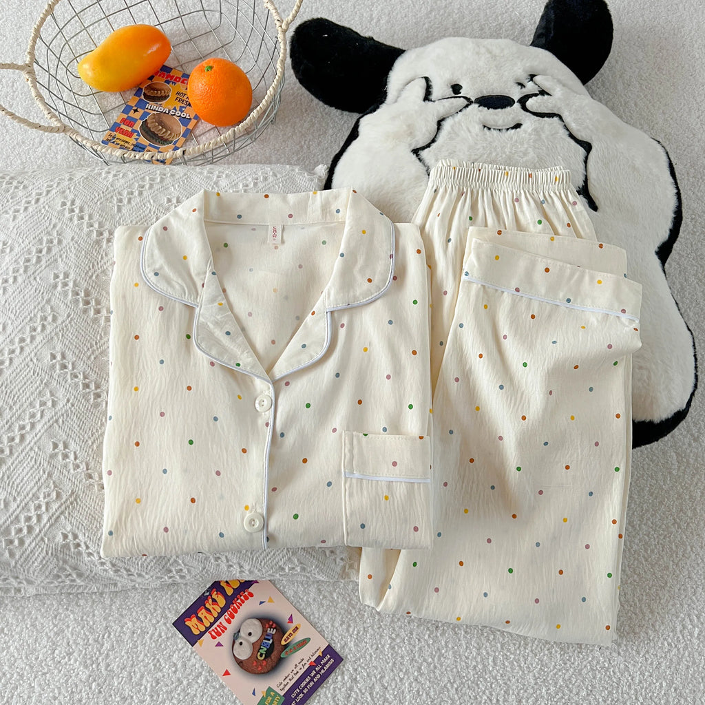 Polka Dot Print Women Pajamas Long 2 Piece Set