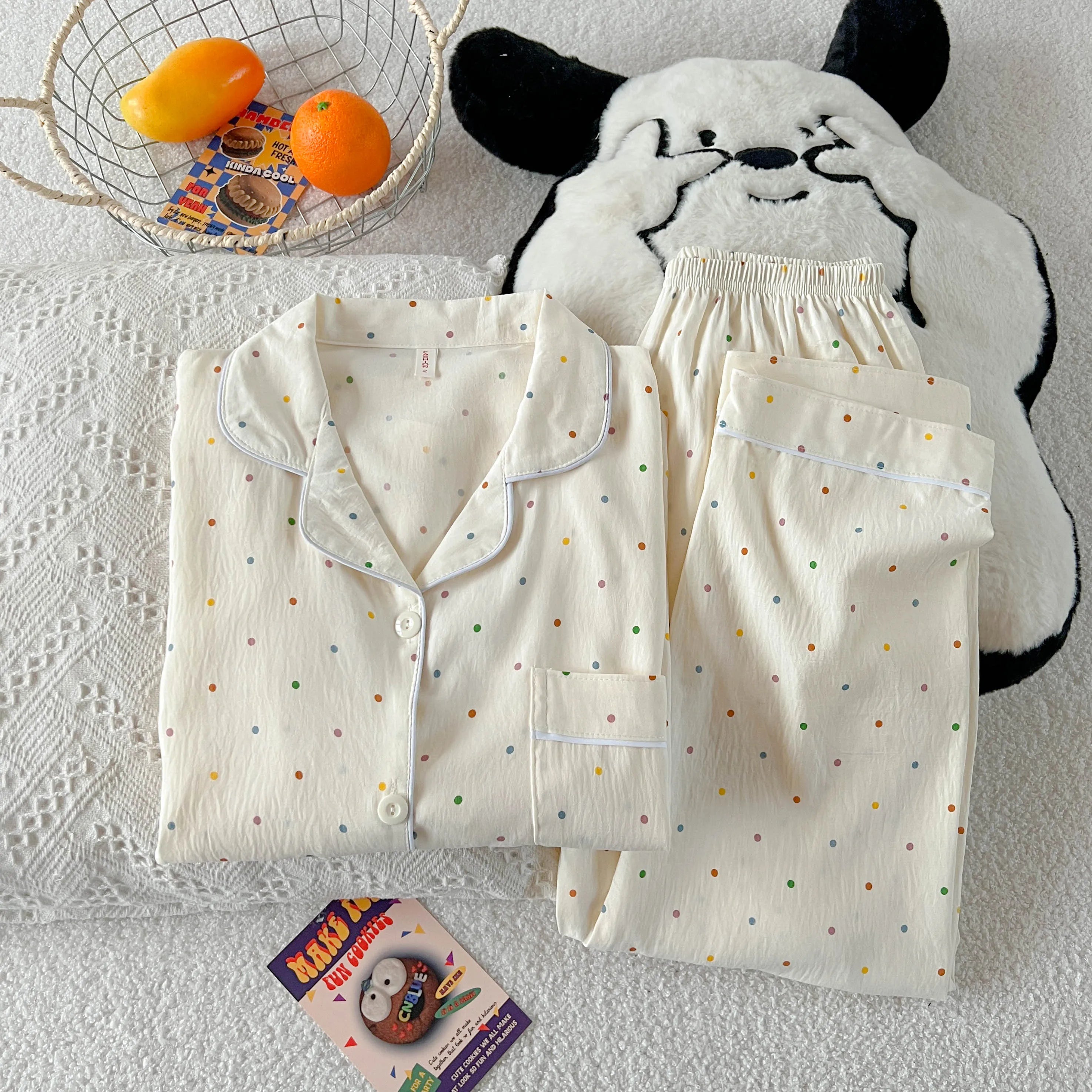 Polka Dot Print Women Pajamas Long 2 Piece Set