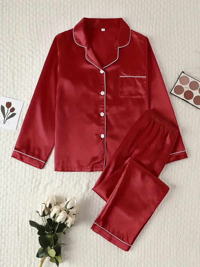 Silk Pajamas Set Casual Soft Breathable and Relaxed Fit Long Shirt Tops and Long Pants Sleepwear