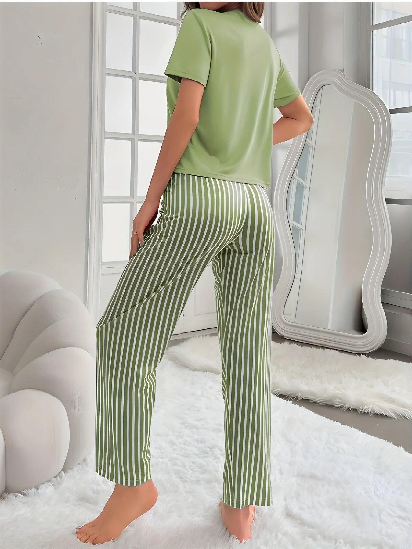 Spring Elegant Floral Print Long Pants and Short-Sleeved Pajama Set