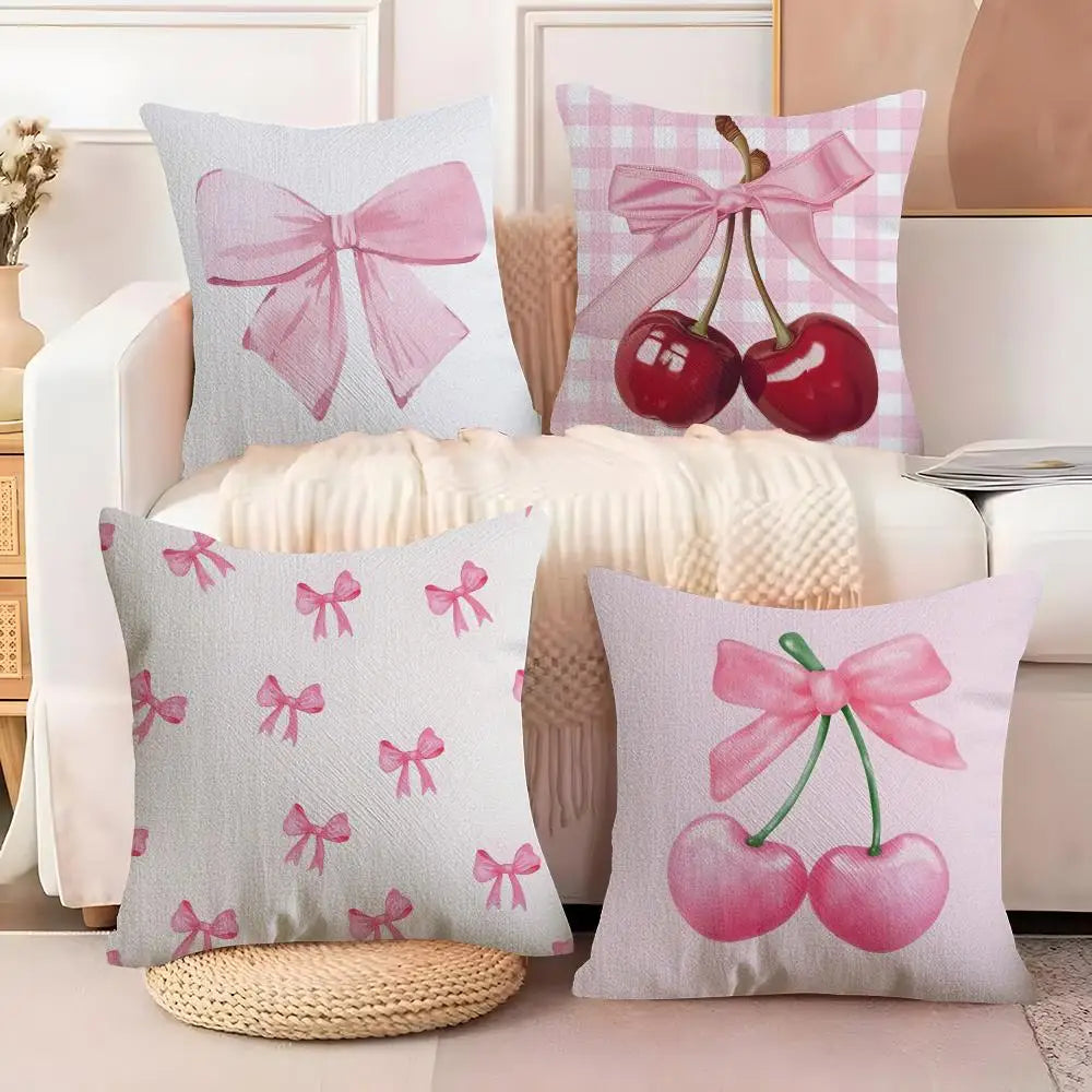 Pink Bow Cherry Cushion Cover Soft Plush Fabric Double-Sided