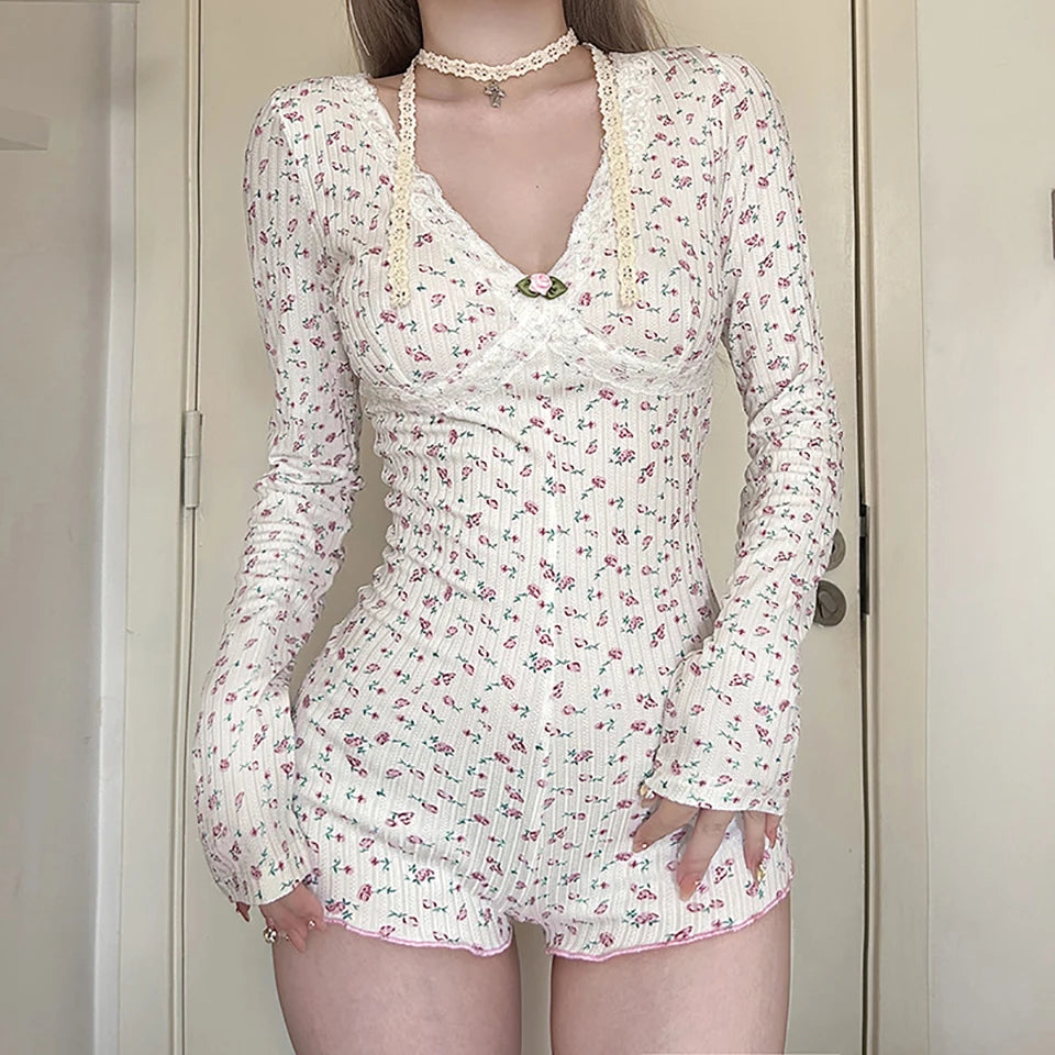 Floral Print V-neck Lace Trim Knitted Long Sleeve Cute Aesthetic Rompers