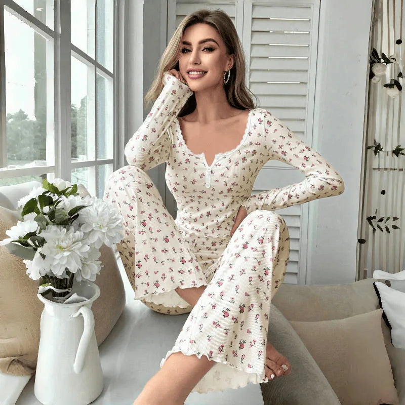 Floral Print Lettuce Trim Top with Long Pants