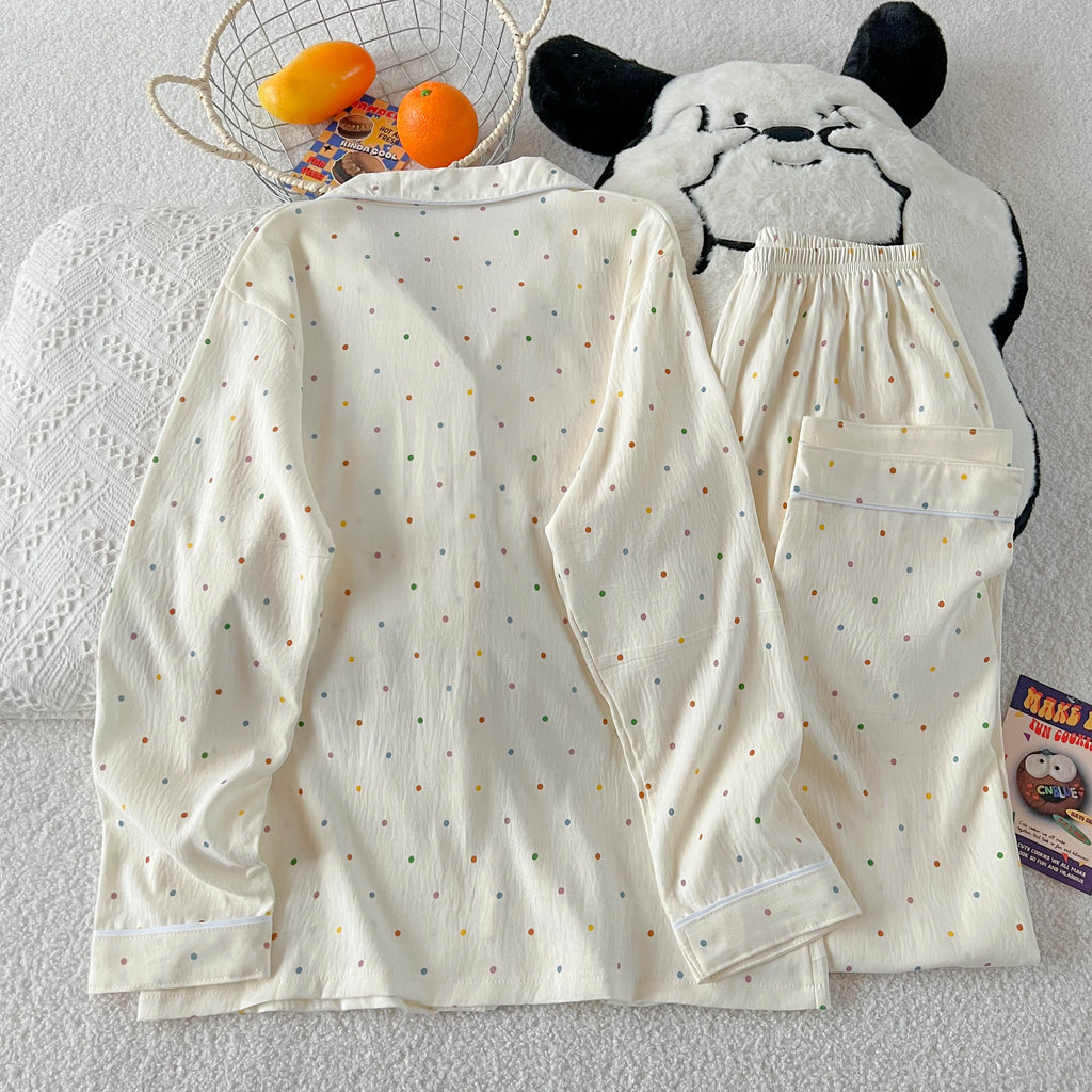 Polka Dot Print Women Pajamas Long 2 Piece Set