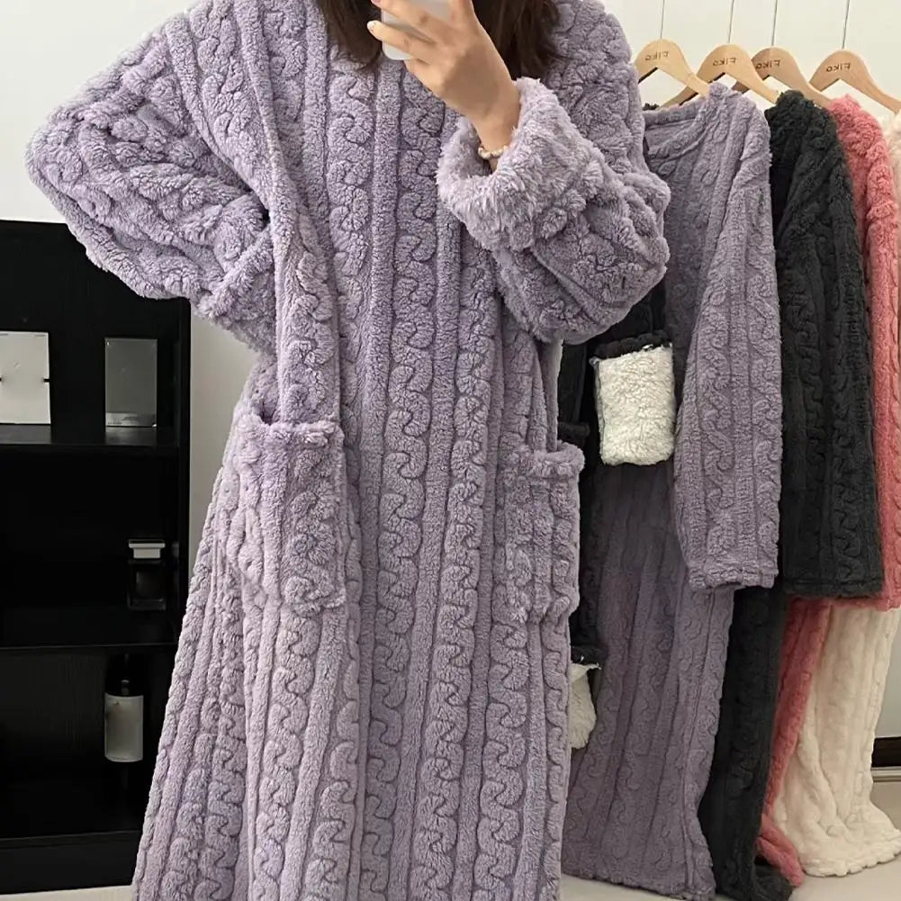 Velvet Women's Long Sleeve Double Pocket Flannel Loose Solid Sleepwear