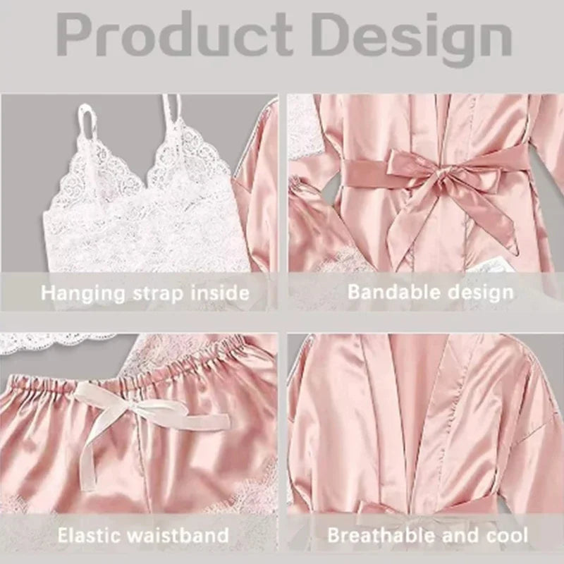 Sexy Four Piece Lace Satin With Silk Sleepwear Robe Fashion And Comfortable Nightwear