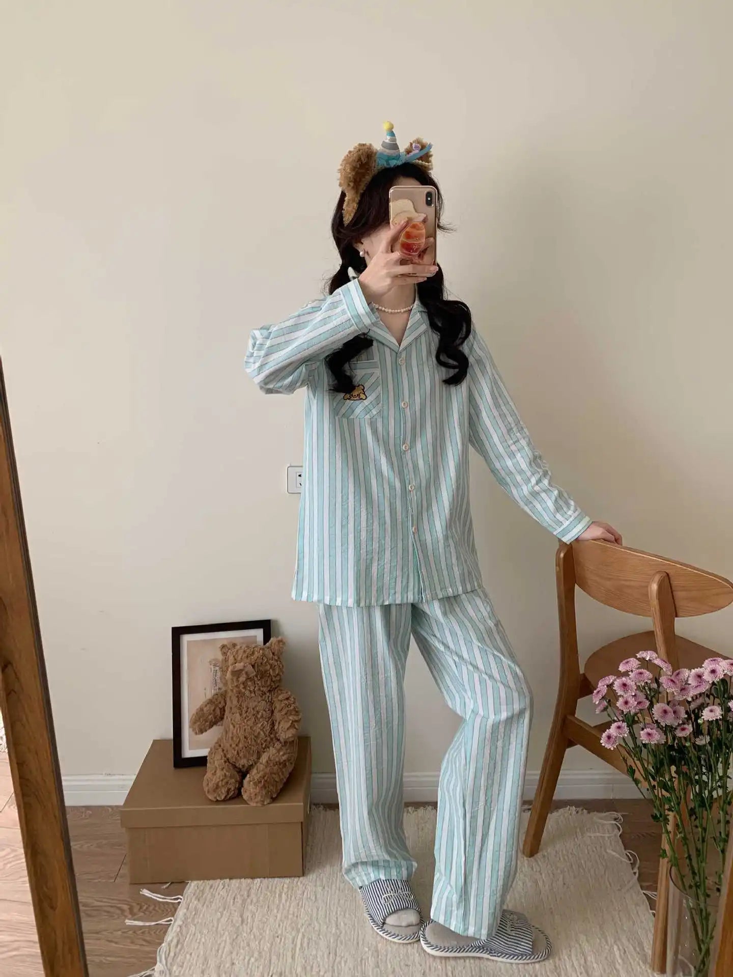 Japanese Style Women's Striped Pajama Set 100% Cotton Long Sleeve Long Pants Two Piece Set