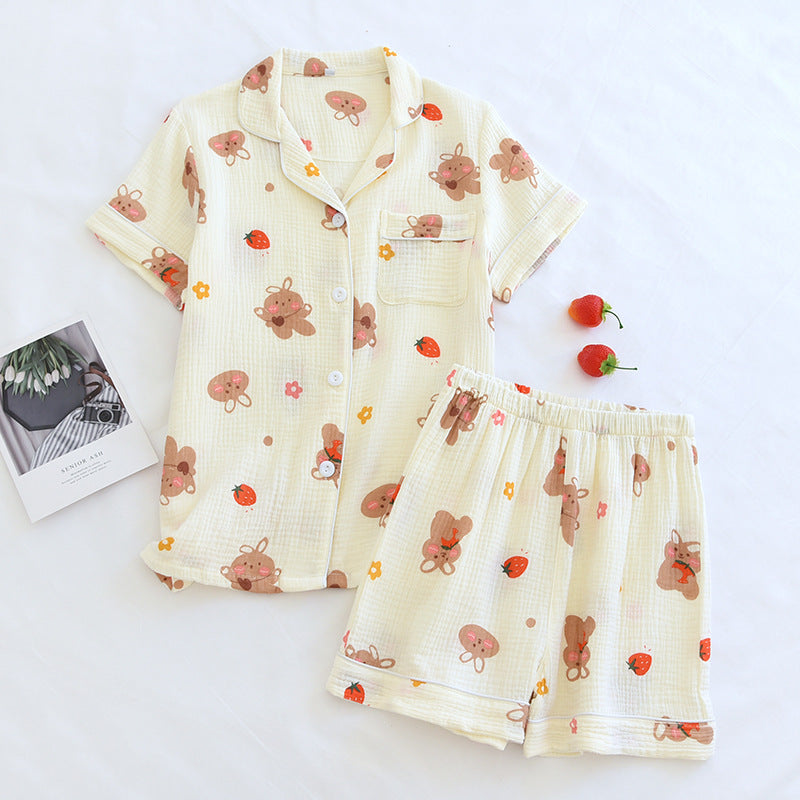 Japanese Short-sleeved Shorts Two-piece Ladies Cotton Crepe Cute Fresh Loose Set