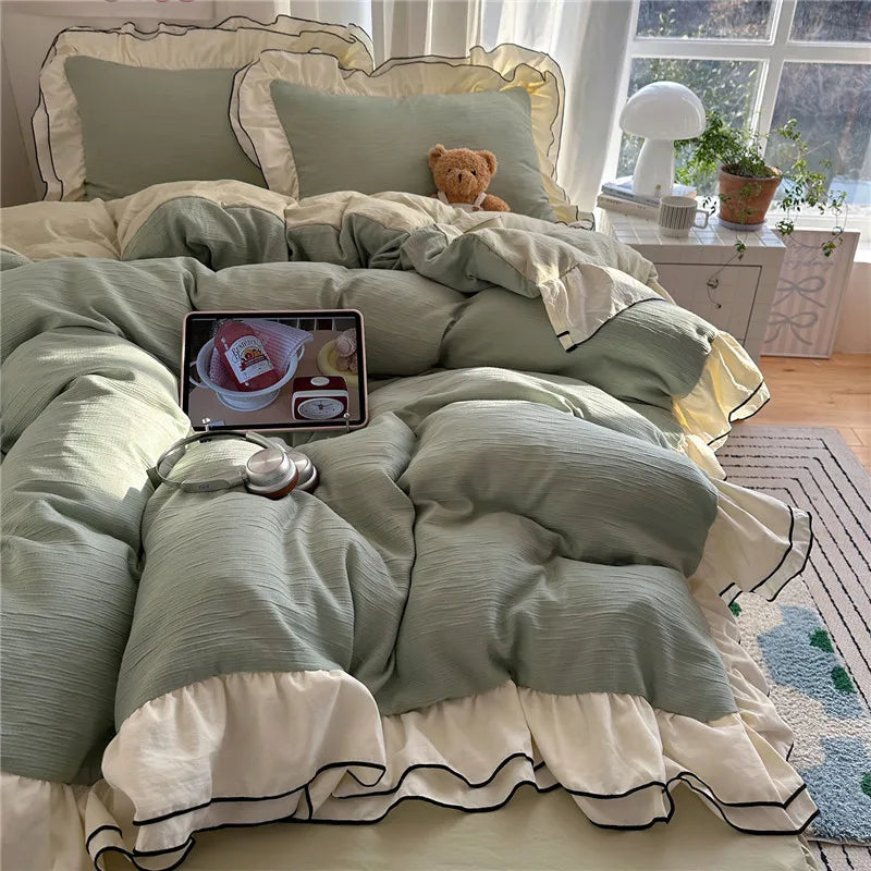 Princess Style Ruffles Bedding Set Skin-friendly Soft Duvet Cover Set Bed Sheet Or Bed Skirt Pillowcases 3/4Pcs